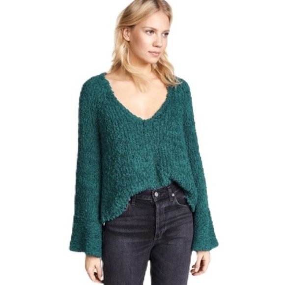 Free People Sweaters - Free People Sand Dune Bell Sleeve Shag Teal V-Neck Knit Sweater Size: Medium